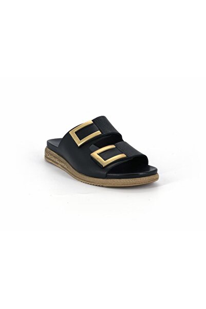 Mammamia D26Yt-1695 Black Genuine Leather Full Orthopedic Women's Slippers