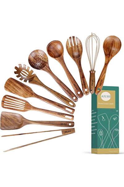 Generic Aiuhi Wooden Kitchen Utensils Nonstick Natural Teak Wood For With Spa...