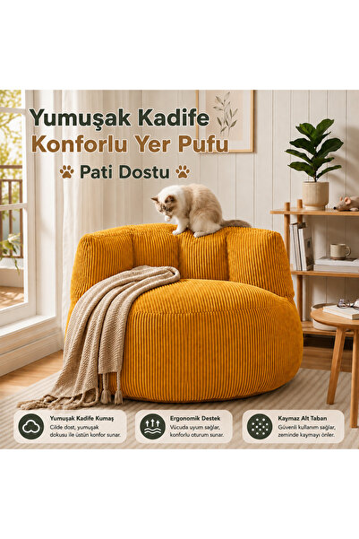puffiber Premium Yer Pufu Fitilli Kadife Tek Kişilik Relax Koltuk 94x76 Cm