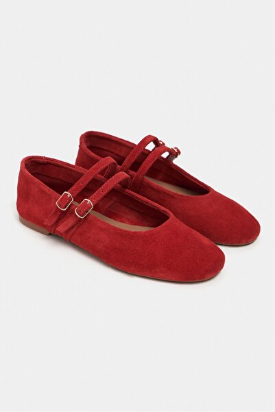 NİŞANTAŞI SHOES James Kırmızı Süet Hakiki Deri Çift Toka Düz Taban Kadın Babet