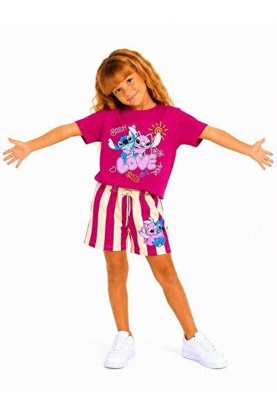 YİGİT BUTİK Girl's Character Patterned Striped Shorts Summer Two-Piece Set