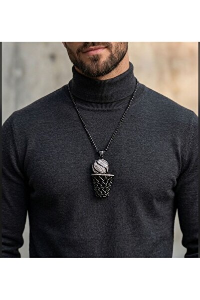 AKSESUARIM Basketball Ball Pendant with Zircon Stone Steel Necklace