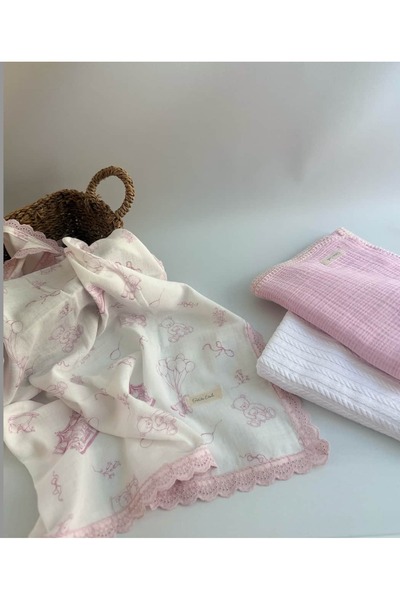 Petite Étoile Pink Bears 3'lü Müslin örtü seti ve Pike