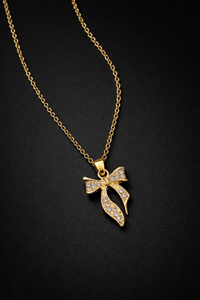 THE Steel Women's Gold Color Zircon Stone Bow Figure Necklace