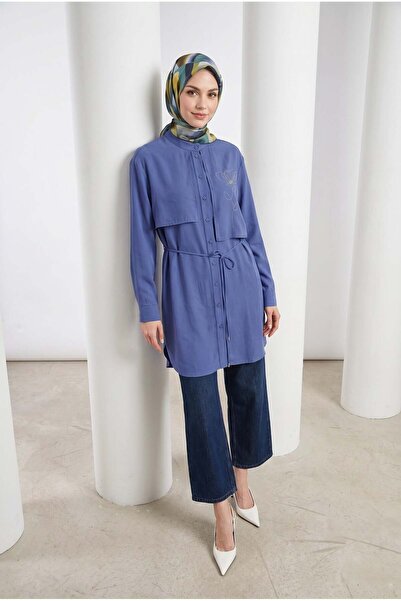Armine TREND Aller Detaylı Beli İpli Çiçek Desen İşlemeli Tunik İndigo 26YT407