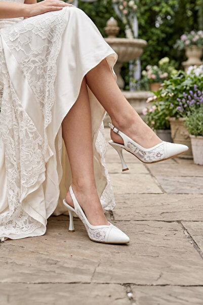 Erkan Saçmacı Stella Pearl White Satin Lace Open Back Pointed Toe Thin Heeled...