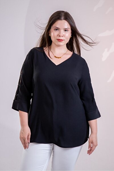 Roxxlen Women's Plus Size V-Neck Blouse with Sleeve Detail