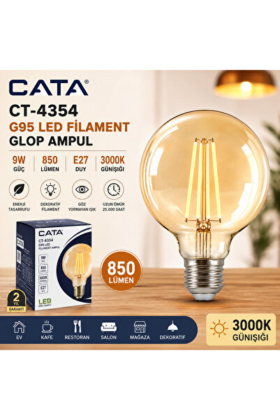 Cata CT-4354 G95 LED Filament Glop Ampul 9W E27 Günışığı 3000K 850 Lümen Deko...