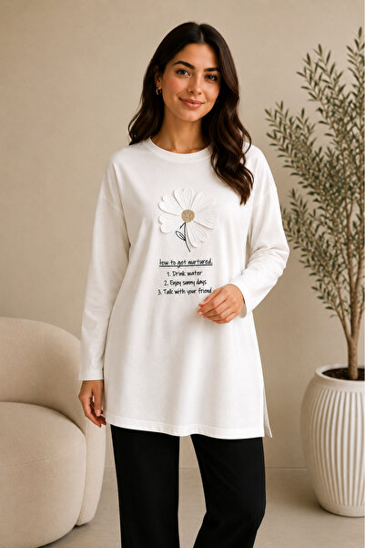 SADEL Çiçek Nakışlı Oversize Tunik - Beyaz