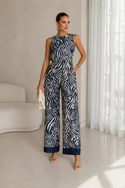 Sateen γυναικείο jumpsuit από τη Sateen, με zebra print σε εκρού και μπλέ απο...