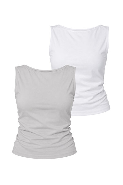 Women's Side Shirred Back Detailed Singlet T-Shirt Set of 2 (95% Cotton), (White, Gray)