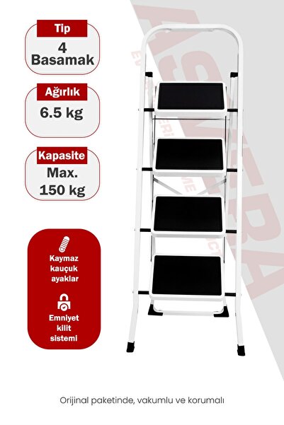 ASVERA Space 4 Basamaklı Ev Tipi Metal Merdiven - Katlanır Geniş Kaymaz Mutfa...
