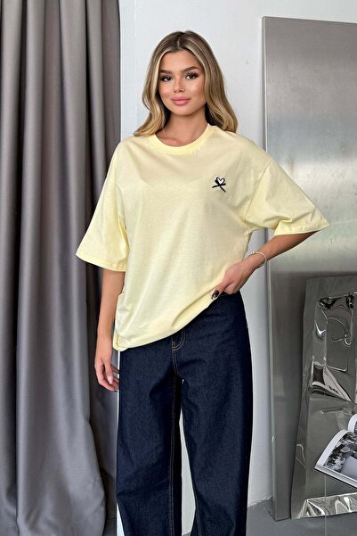 GİYSA Women's Crew Neck Embroidered 100% Cotton T-Shirt Yellow - 26Y 26507