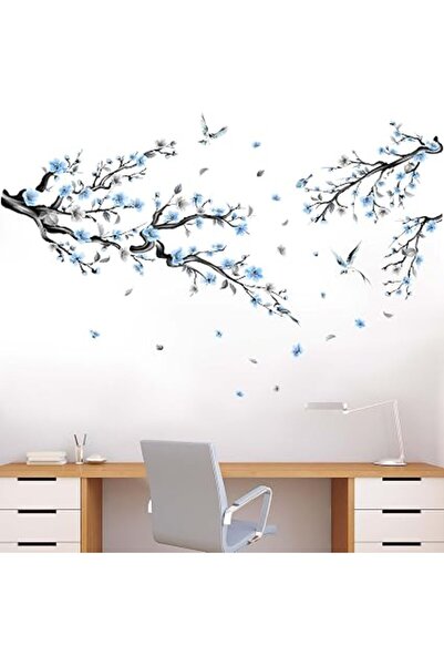 The Bros Blue Watercolor Cherry Blossom Wall Stickers - Tree Branch Flower Bi...