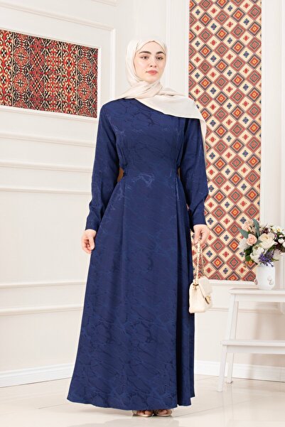 Sevitli Tie-Waist Jacquard Evening Dress-Dark Blue