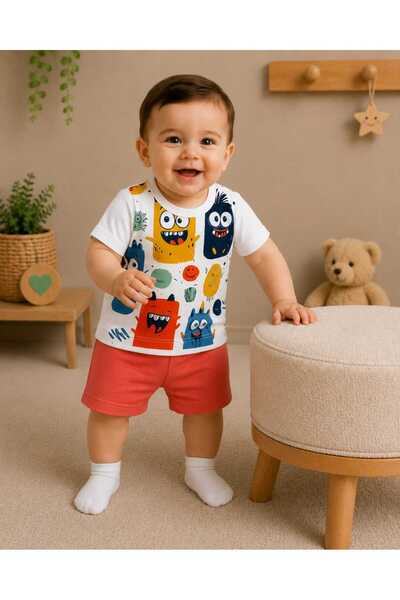 krm kerem bebe Cute Monsters Patterned Summer Top and Shorts Set