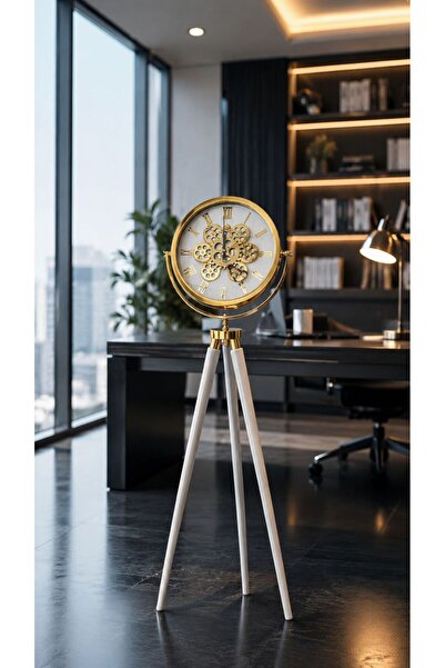 Muyika Design Beyaz Tripod Ayaklı Aktif Çarklı Saat 150 cm Gold Metal Kasa MUYİKA Hareketli Mekanik İskelet Büyük Duvar Saati