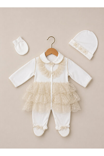 Kardeşler Bebe Lace Booties Jumpsuit Set (with Beanie & Gloves)