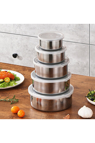 Vivendo Set 5 Caserole Metalice cu Capac Plastic, Depozitare Alimente Inox, D...