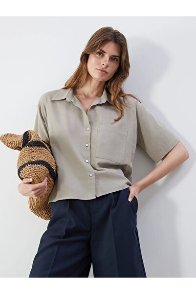 LC Waikiki Khaki Crop Linen Blend Women's Shirt