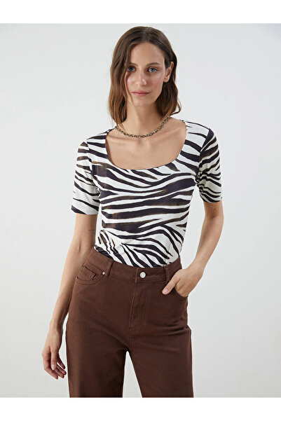 LC Waikiki Black U-Neck Zebra Patterned Women's Bodysuit