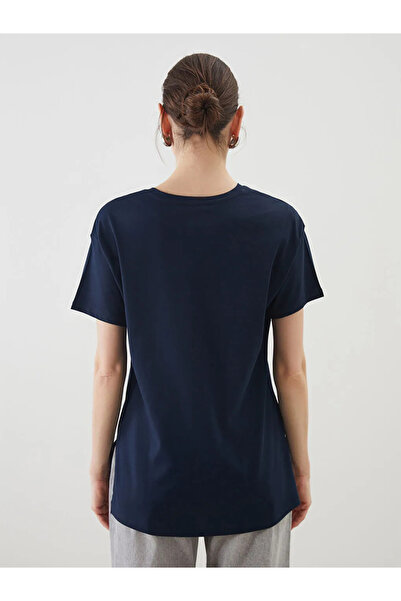 LC Waikiki Navy Blue Stoned 100% Cotton Women's T-Shirt
