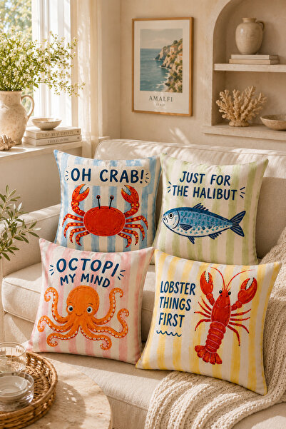 AYSHOME Ays Home Denizden Set of 4 Throw Pillow Covers (Double Sided Printed ...