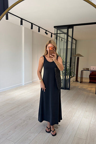 Sezgi Tekin Black Pique Modal Dress with Gathered Elastic Straps