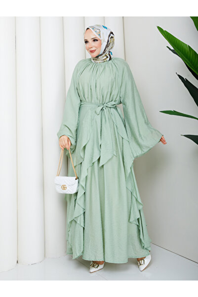 ELAY Fashion Women's Mint Green Gathered Collar Bat Sleeve Dress with Pareo D...