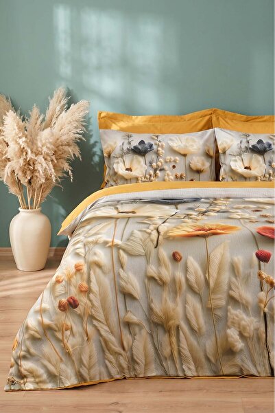 Rivaİstanbul Hardal Flower 5D Satin Duvet Cover Set – 6 Piece Dowry Set