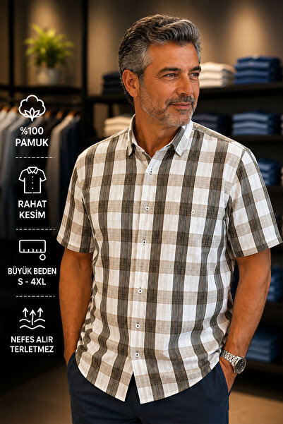 Beyome Erkek Kısa Kol Kareli Gömlek Büyük Beden XXL-4XL %100 Pamuk Nefes Alır...