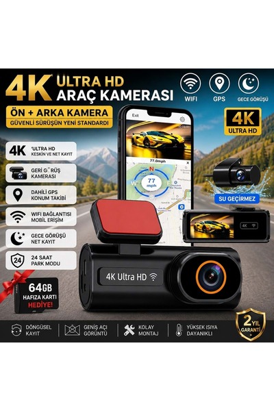 Triline Ultra HD 4K Mini Ön ve Arka Araç Kamerası 64GB Hafıza Gece Görüşlü GP...