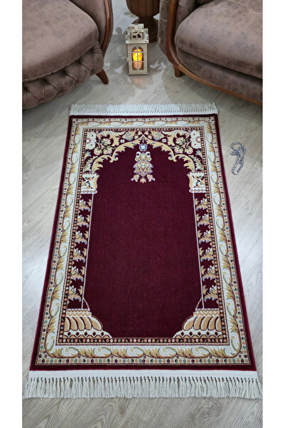 Rugano Home İrfan, Luxury Mihraplı Acrylic Woven Prayer Mat Burgundy Gold Emb...