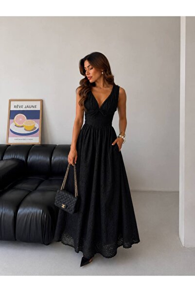 D'RECCY Women's Strappy V-Neck Scalloped Pleated Long Dress