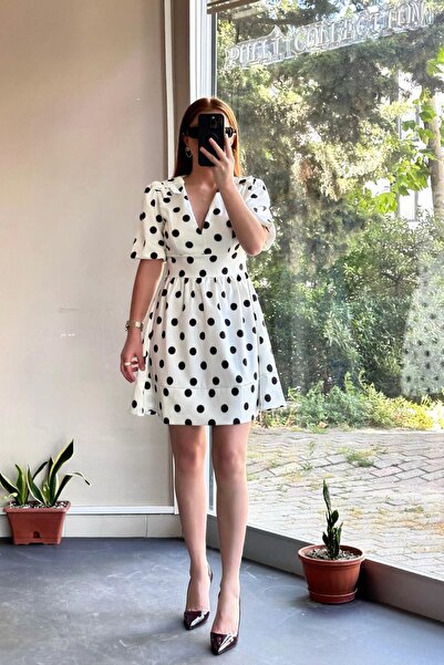 Pulli Collection Waist-Slit High Neck Balloon Sleeve Polka Dot White Mini Dress