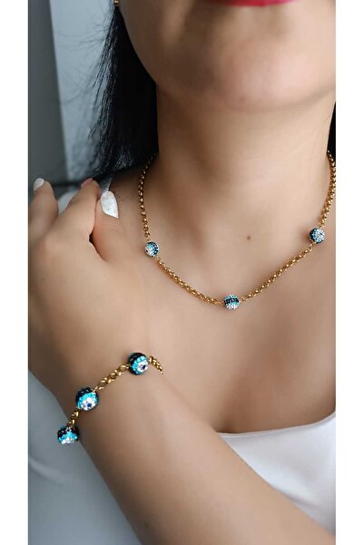 shop Nazar Boncuklu Gold Color Chain Necklace and Bracelet Set – Stylish Wome...