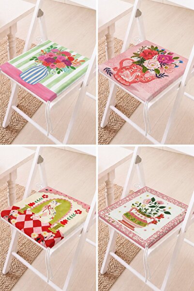Home Set of 4 Flower Vase and Cat Patterned Lace-Up Kitchen Chair Cushions