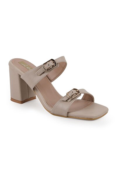Libero Women's Heeled Slippers Double Buckle Thick Block Heel Blunt Toe Styli...