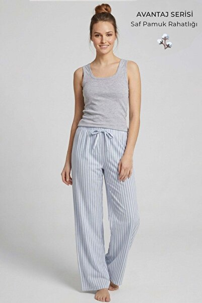 Aytuğ&Mısırlı Egyptian Women's Cotton Striped Pajama Set Gray/Blue