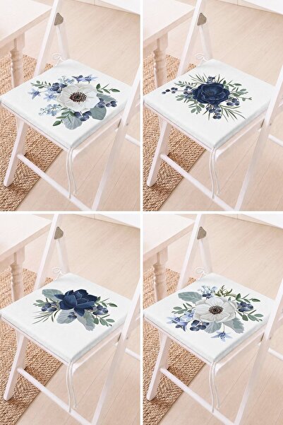 Home Set of 4 Blue Toned Floral Patterned Lace-Up Chair Cushions