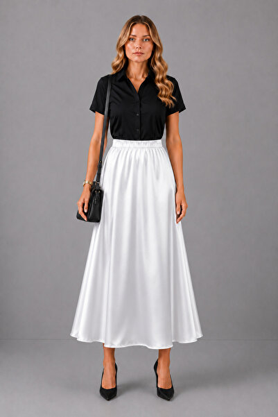 UTDU Flat Satin Skirt with Elastic Waist and Hidden Zipper on the Side