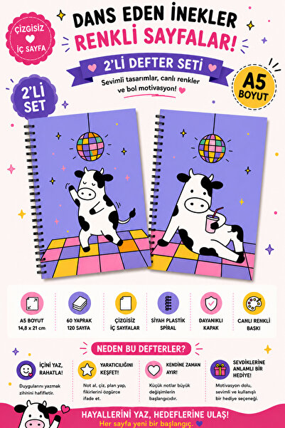 zumio Disco Cow Koleksiyonu 2'li A5 Spiralli Defter Seti 60 Yaprak Çizgisiz S...