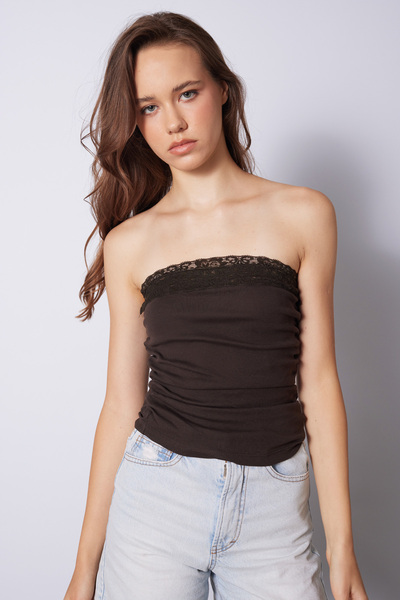 Nisan Lace Detail Strapless Top Brown