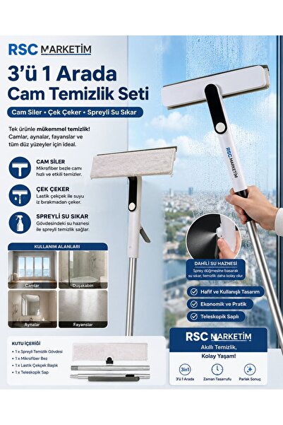 RSC MARKETİM TELESKOPİK SAPLI CAMSİL OYNAR BAŞLIKLI SPREYLİ MOP CAMLARDA 0 LE...