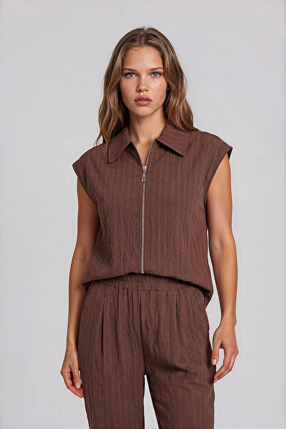 Vitrin Striped Blouse with Front Zipper