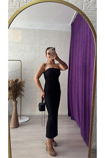 Derya Akyol فستان صيفي نسائي أسود بدون حمالات بفتحة جانبية متوسطة الطول