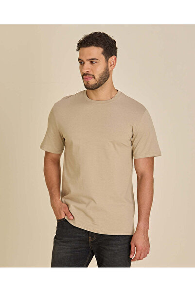 REDTAG Men Beige Plain T-Shirt