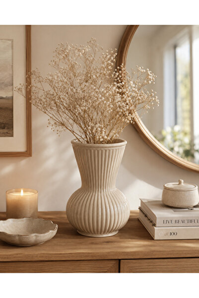 monocactus Luna Decorative Vase with Porcelain Look and Ribbed Design 23 cm