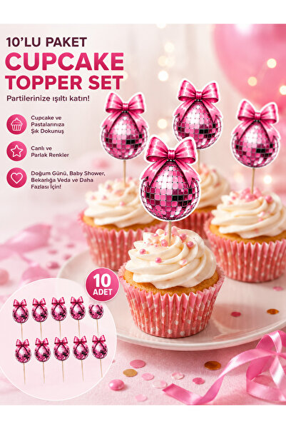 BieneGift 12’li Pembe Fiyonklu Disko Topu Cupcake Topper Seti Parti Pasta Süs...