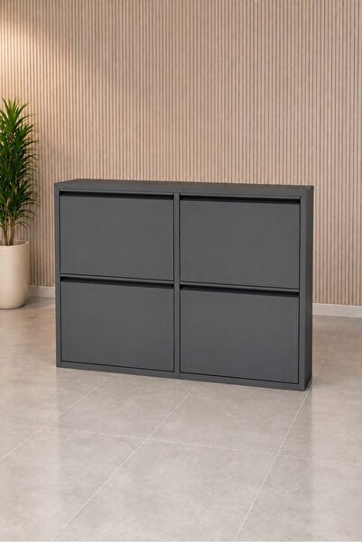 KARLI 2+2 Antrasit Metal Ayakkabılık Düz Mıknatıslı Dayanıklı Kapak Sağlam Gövde